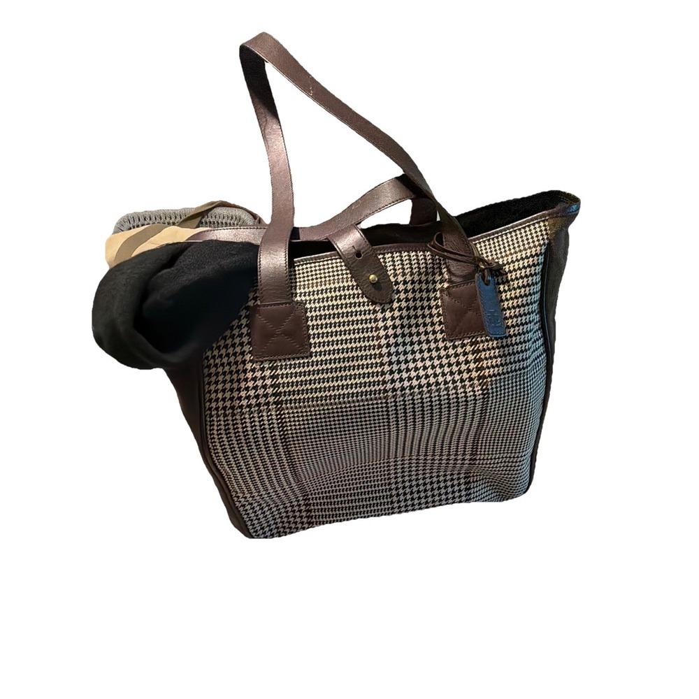 Ralph Lauren Herringbone Plaid Suede Tote Bag Large Brown Leather Handles Laptop